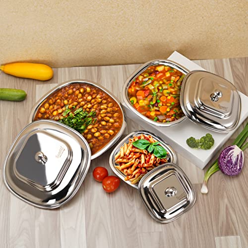 Sumeet Stainless Steel Square Serving Bowl / Curry Bowl / Gravy Pot with lid