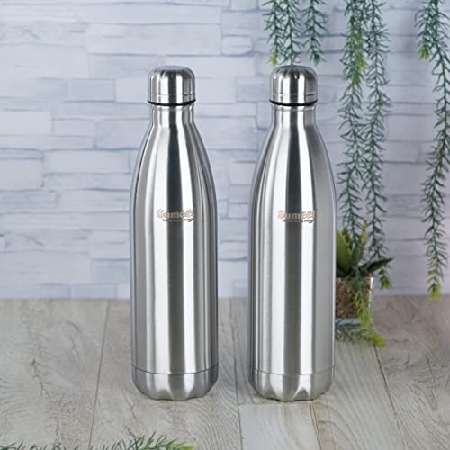 Sumeet Stainless Steel Double Walled Flask / Water Bottle, 24 Hours Hot and Cold, 800 ml, Silver - Set of 2 Pcs