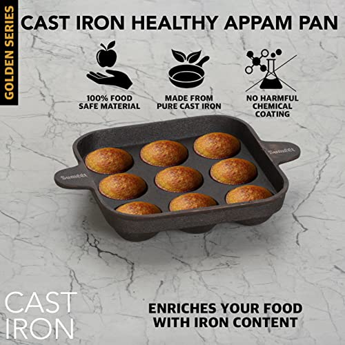 Sumeet Super Smooth Gold Series Pre Seasoned Cast Iron Appam Patra for Paniyaram/Appe/Ponganalu/Paddu |18.50cm 1.5kg, 9 Pit.