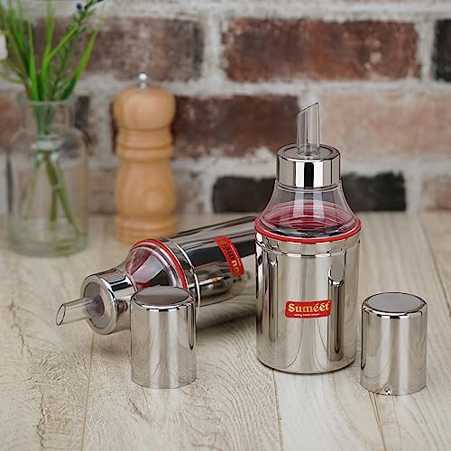 Sumeet Stainless Steel Nozzle Small Oil Dispenser |Oil Bottle | Oil Container | Oil Pourer | Vinegar Bottle | Olive Oil Bottle | Oil Can, 350ML, Pack of 2, Silver