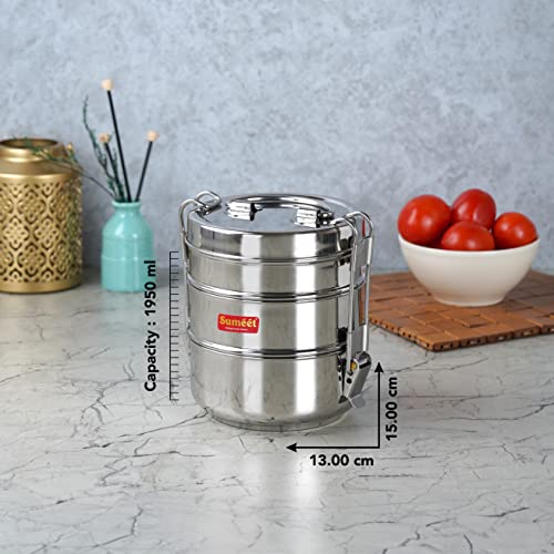 Sumeet Stainless Steel 3 Compartment Lunch Box / Tiffin with Lid and Handle, 13Cm Dia, (1950ML, Silver)