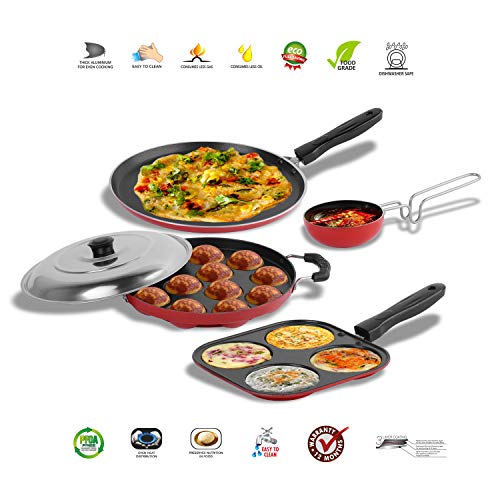 Sumeet 2.6mm Thick Non-Stick Kelp Cookware Set (Dosa Tawa – 26.5cm Dia + Mini Multi Snack Maker – 19.5cm Dia + Grill Appam Patra with Lid – 23cm Dia + Tadka Pan – 10cm Dia)