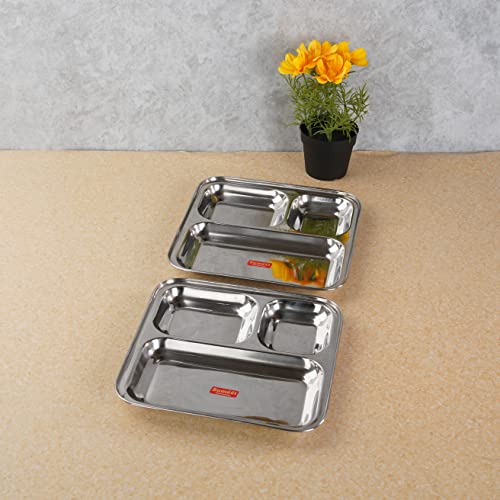 Sumeet Stainless Steel 3 in 1 Idli WADA Compartment Plate / Snack Plate / Breakfast Plate Set of 2Pcs, 24.5cm Dia, Silver
