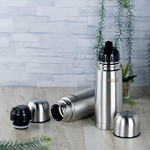 Sumeet Stainless Steel Double Walled Flask / Water Bottle, with Flip Lid, 24 Hours Hot and Cold, 400 ml, Silver - Set of 2 Pcs