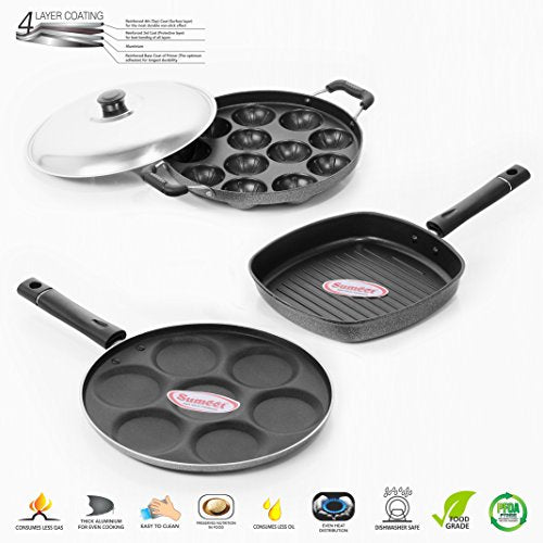 Sumeet Nonstick Essential Combo Set (Multi Snack Maker - 7 Pcs + Grill Pan - 22cm + Grill Appam Patra - 12 Pcs)