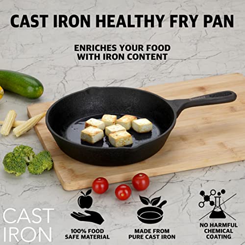 Sumeet Pre Seasoned Heavy Weight Cast Iron Frying Pan / Skillet, Induction Friendly, 21cm, Weight - 1.480Kg, Black