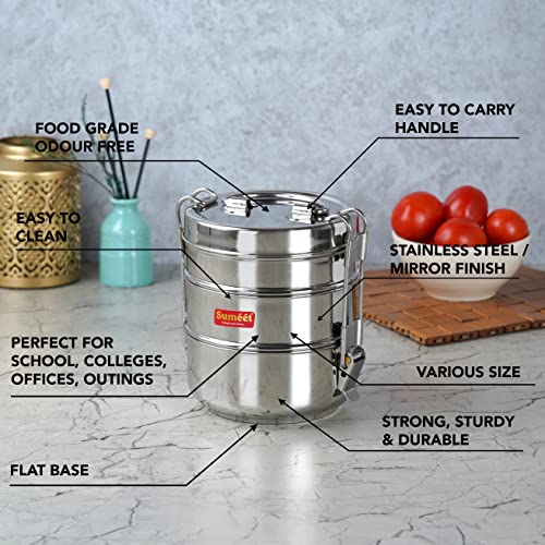 Sumeet Stainless Steel 3 Compartment Lunch Box / Tiffin with Lid and Handle, 13Cm Dia, (1950ML, Silver)