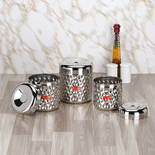 Sumeet Stainless Steel Vertical Utility Canisters/Ubha Dabba/Storage Containers with Design Set of 3pcs (900ml, 1200ml,1700ml), Silver