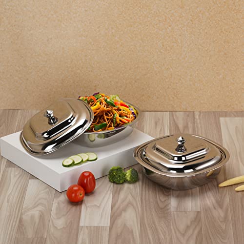 Sumeet Stainless Steel Square Serving Bowl / Curry Bowl / Gravy Pot with lid