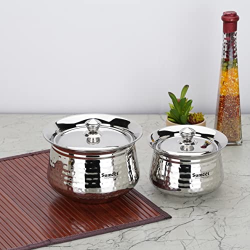Sumeet Stainless Steel Handcrafted Hammered Texture Handi Set with Lid for Kitchen, Set of 2, 650ml & 1300ml, Silver