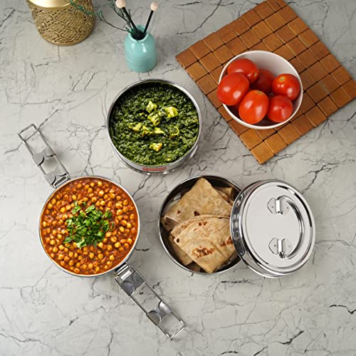 Sumeet Stainless Steel 3 Compartment Lunch Box / Tiffin with Lid and Handle, 13Cm Dia, (1950ML, Silver)
