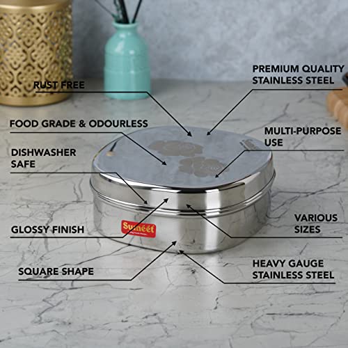 Sumeet Stainless Steel Designer Square Storage containers Box/Dabba for Kitchen, Set of 3Pcs, 350ml, 600ml & 950ml, 12cm, 13.5cm & 15cm Dia, Silver