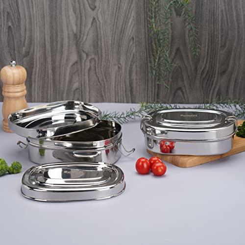 Sumeet Stainless Steel Rectangle Lunch Box/Tiffin with with 2 Compartments and Locking Clip,Set of 2 Pcs, 650ML & 1000ML, Ideal for 4 Person - Silver