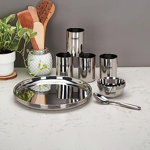Sumeet Stainless Steel Heavy Gauge Mirror Finish Dinner Set of 16 Pcs (4 Plate, 4 Bowl/Wati, 4 Glass, 4 Spoon), Silver