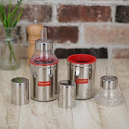 Sumeet Stainless Steel Nozzle Small Oil Dispenser |Oil Bottle | Oil Container | Oil Pourer | Vinegar Bottle | Olive Oil Bottle | Oil Can, 350ML, Pack of 2, Silver