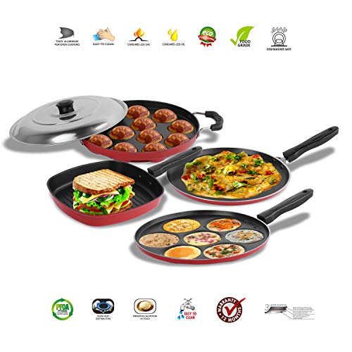 Sumeet 2.6mm Thick NonStick Sorrell Cookware Set (Dosa Tawa – 26.5cm Dia + Multi Snack Maker – 26.5cm Dia + Grill Appam Patra with Lid – 23cm Dia + Grill Pan – 1.1Ltr Capacity – 22cm Dia)