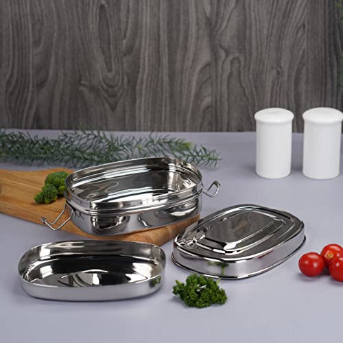 Sumeet Stainless Steel Rectangle Lunch Box/Tiffin with 2 Compartments and Locking Clip, 550ML, Ideal for 1 Person - Silver