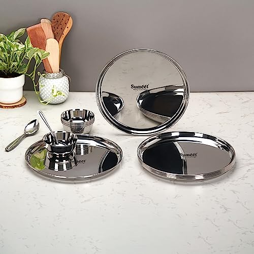 Sumeet Stainless Steel Heavy Gauge Mirror Finish Dinner Set of 18 Pcs (6 Plate, 6 Bowl/Wati, 6 Spoon), Silver