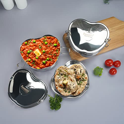 Sumeet Stainless Steel Apple Lunch Box/Tiffin with Steel Separator Plate and Locking Clip Set of 2 Pcs, 650ML Each, Ideal for 2 Persons - Silver