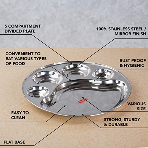 Sumeet Stainless Steel Round 5 in 1 Compartment Lunch / Dinner Plate Set of 6Pcs, 34cm Dia, Silver