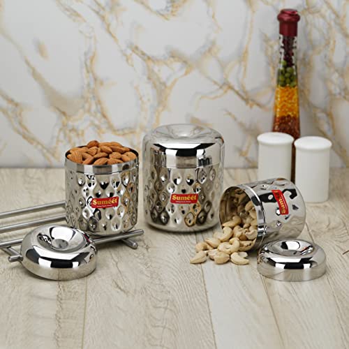 Sumeet Stainless Steel Vertical Utility Canisters/Ubha Dabba/Storage Containers with Design Set of 3pcs (350ml, 500ml,700ml), Silver