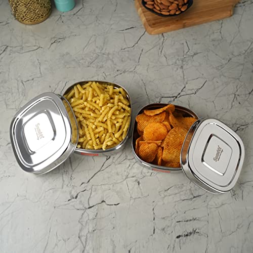 Sumeet Stainless Steel Square Storage containers Box/Dabba for Kitchen, Set of 2Pcs,550ml & 700ml, 11cm & 12.5cm Dia, Silver