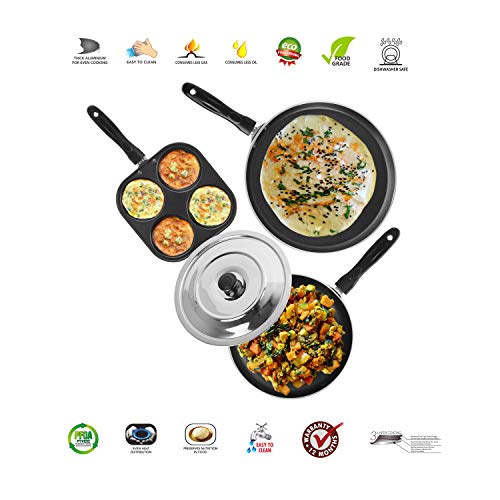 Sumeet 2.6mm Thick Non-Stick Redina Combo Set (Dosa Tawa – 26.5cm Dia + Mini Multi Snack Maker – 19.5cm Dia + Fry pan – 1.5Ltr Capacity – 21cm Dia)