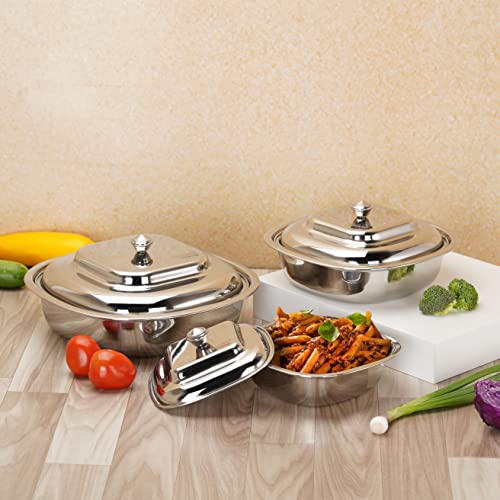 Sumeet Stainless Steel Square Serving Bowl / Curry Bowl / Gravy Pot with lid