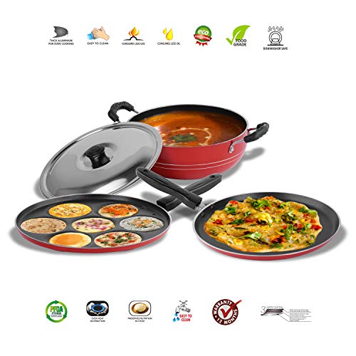 Sumeet 2.6mm Thick Non-Stick Strawberry Combo Set (Dosa Tawa – 26.5cm Dia + Multi Snack Maker – 26.5cm Dia + Kadhai with Lid – 1.5Ltr Capacity- 20cm Dia)