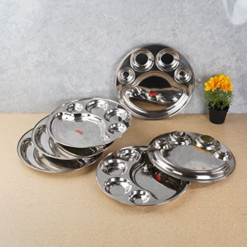 Sumeet Stainless Steel Round 5 in 1 Compartment Lunch / Dinner Plate Set of 6Pcs, 34cm Dia, Silver
