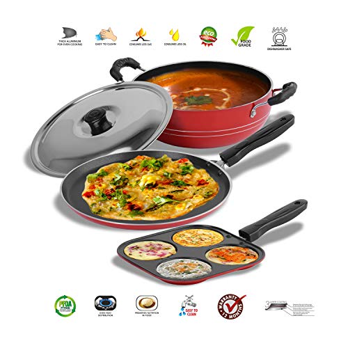 Sumeet 2.6mm Thick Non-Stick Red Blush Combo Set (Dosa Tawa – 26.5cm Dia + Multi Snack Maker – 26.5cm Dia + Kadhai with Lid – 1.5Ltr Capacity- 20cm Dia)