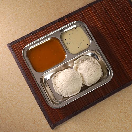 Sumeet Stainless Steel 3 in 1 Idli WADA Compartment Plate / Snack Plate / Breakfast Plate 1Pc, 21.7cm Dia, Silver