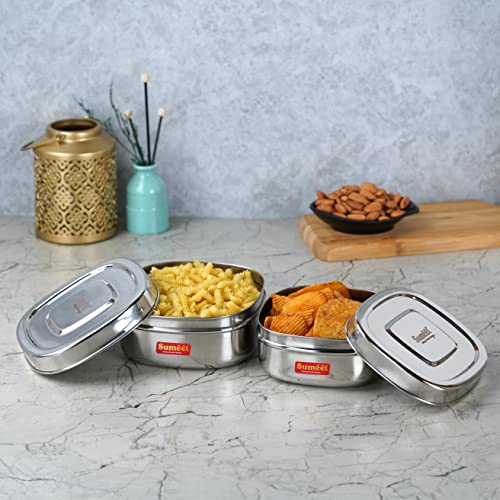 Sumeet Stainless Steel Square Storage containers Box/Dabba for Kitchen, Set of 2Pcs,550ml & 700ml, 11cm & 12.5cm Dia, Silver