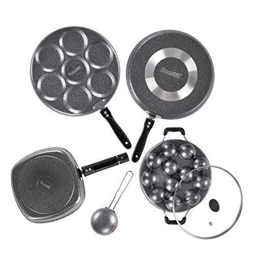 Sumeet NonStick Negru Cookware Set(Dosa Tawa-26.5Cm Dia+Multi Snack Maker-7 Cavity-26.5Cm Dia+Grill Appam Patra with Glass Lid-12 Cavity-22cm Dia+Grill Pan-22cm Dia+Tadka pan-190Ml-10Cm Dia)