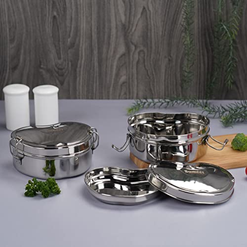 Sumeet Stainless Steel Apple Lunch Box/Tiffin with Steel Separator Plate and Locking Clip Set of 2 Pcs, 650ML Each, Ideal for 2 Persons - Silver
