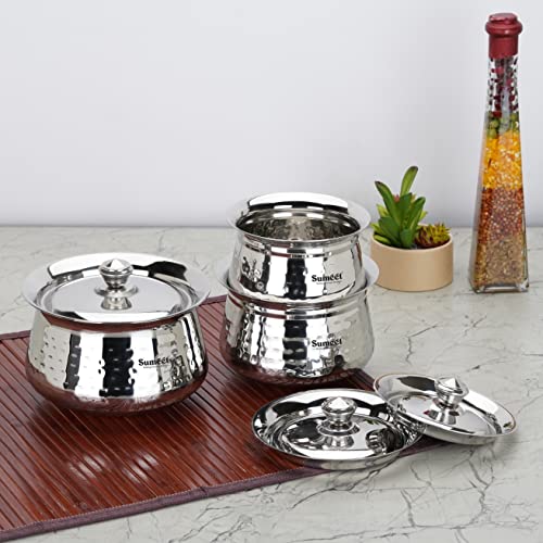 Sumeet Stainless Steel Handcrafted Hammered Texture Handi Set with Lid for Kitchen, Set of 3, 460ml, 650ml & 950ml, Silver