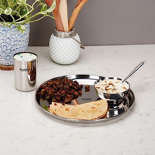 Sumeet Stainless Steel Heavy Gauge Mirror Finish Dinner Set of 4 Pcs (1 Plate, 1 Bowl/Wati, 1 Glass, 1 Spoon), Silver
