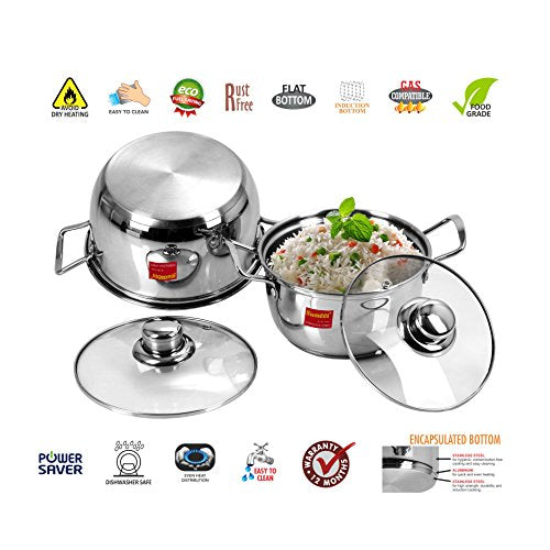 Sumeet Stainless Steel Induction Bottom (Encapsulated Bottom) Induction & Gas Stove Friendly Conical Shape Casserole Size No.14 (1 LTR) & Size No.16 (1.5 LTR)