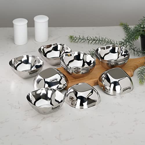 Sumeet Heavy Gauge Stainless Steel Apple Square Bowl/Wati/Katori with Mirror Finish – 9.5cm Dia, Set of 12pc, 200ML Each - Silver