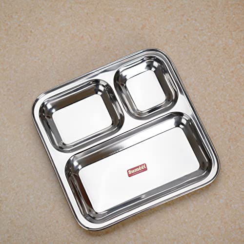 Sumeet Stainless Steel 3 in 1 Idli WADA Compartment Plate / Snack Plate / Breakfast Plate 1Pc, 21.7cm Dia, Silver