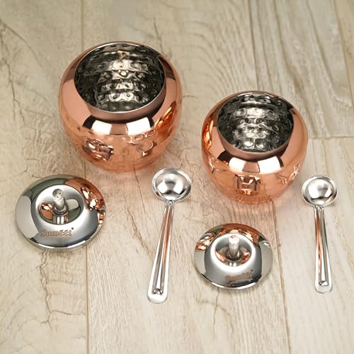 Sumeet Stainless Steel Copper Coated Handcrafted Hammered Ghee and Oil Pot, Storage Container with Spoon for Kitchen and Pooja, 7.5cm & 9cm Dia, 220ml & 320ML - Silver (Pack of 2)