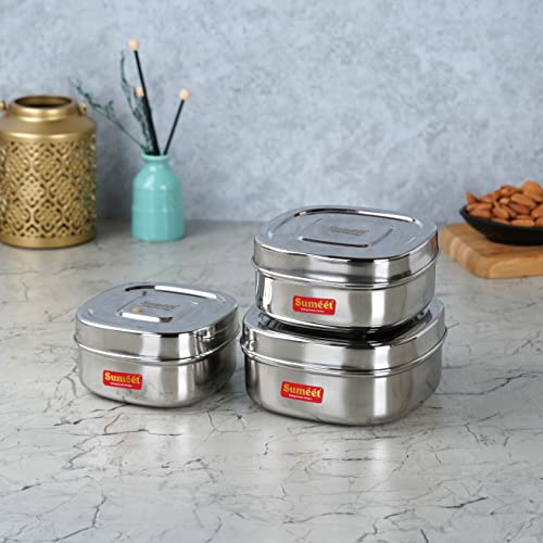 Sumeet Stainless Steel Square Storage containers Box/Dabba for Kitchen, Set of 3Pcs,550ml, 700ml & 1000ml, 11cm, 12.5cm Dia & 14.5cm, Silver