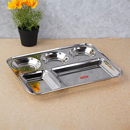 Package: Sumeet Stainless Steel Rectangular 5 in 1 Compartment Lunch / Dinner Plate 1Pc, 37.4cm Dia, Silver