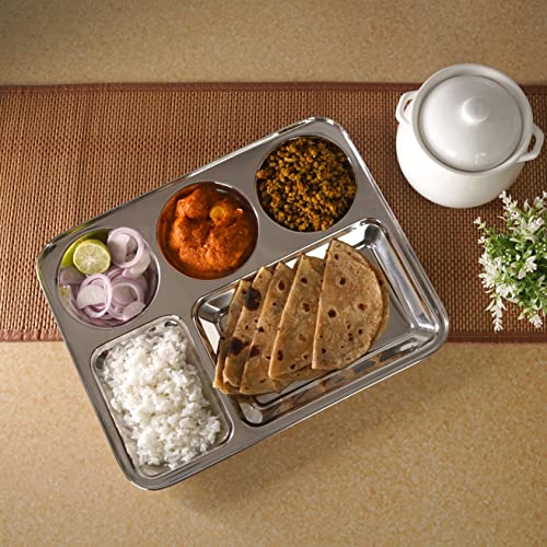 Package: Sumeet Stainless Steel Rectangular 5 in 1 Compartment Lunch / Dinner Plate 1Pc, 37.4cm Dia, Silver