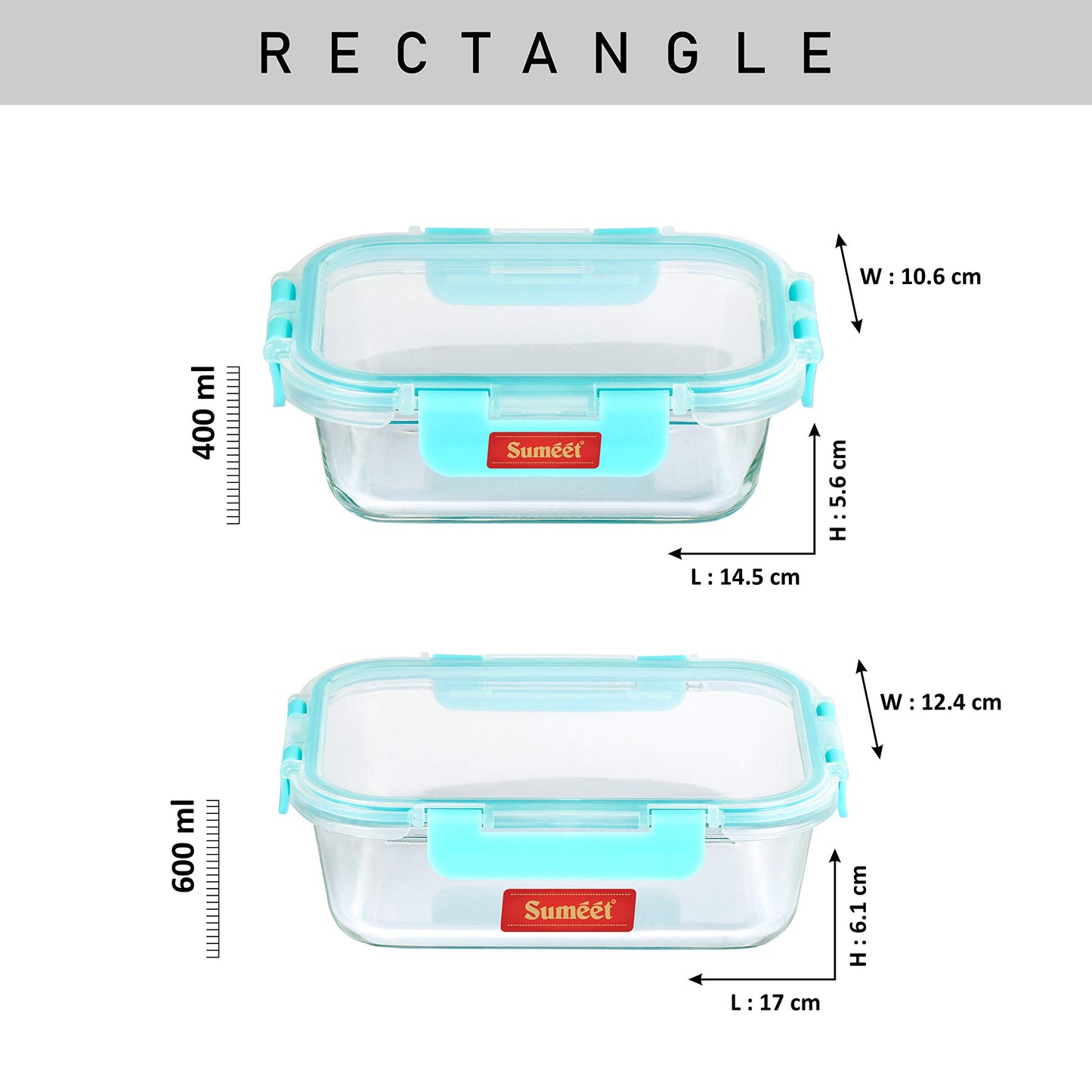 Sumeet Easy Store Borosilicate Glass Microwave Safe, Airtight & Leak Proof Rectangle Food Container Set of 2Pcs (400ML, 600ML)