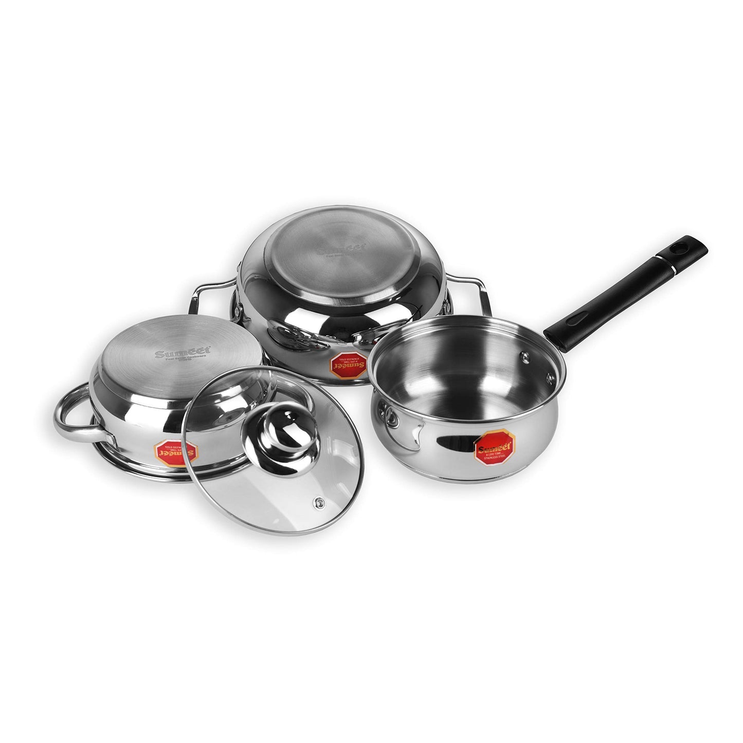 Sumeet Stainless Steel Induction and Gas stove compatible Cookware set with Encapsulated Bottom - Combo of 3 with Multi Lid Concept (Kadhai - 1.5Ltr- Saucepan with Glass Lid 1 Ltr - Casserole - 1 Ltr)