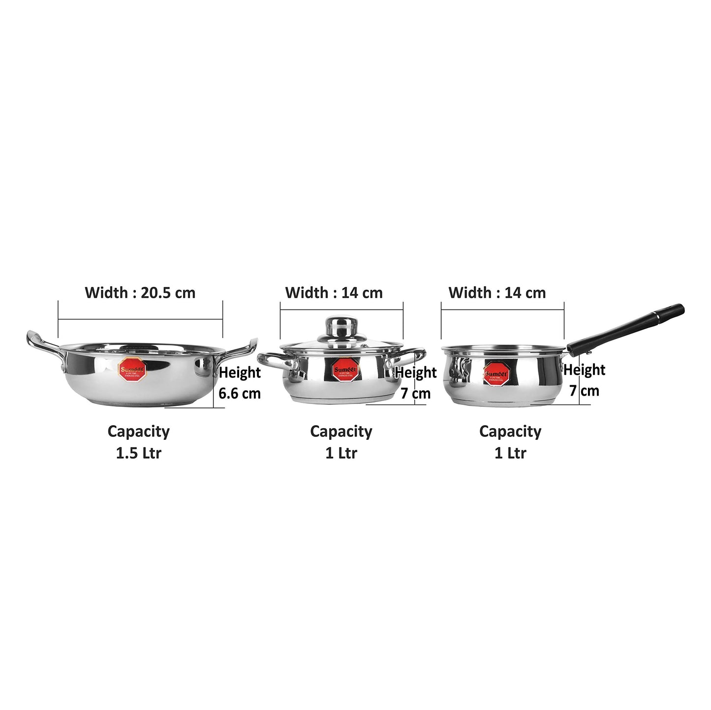 Sumeet Stainless Steel Induction and Gas stove compatible Cookware set with Encapsulated Bottom - Combo of 3 with Multi Lid Concept (Kadhai - 1.5Ltr- Saucepan with Glass Lid 1 Ltr - Casserole - 1 Ltr)
