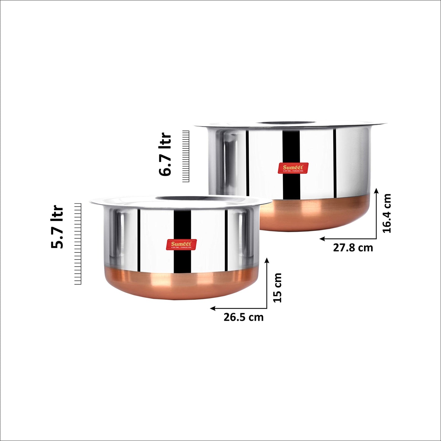 Sumeet Stainless Steel Copper Bottom 2Pc Big Size Tope Set with Lid (5.7Ltr, 6.7Ltr)
