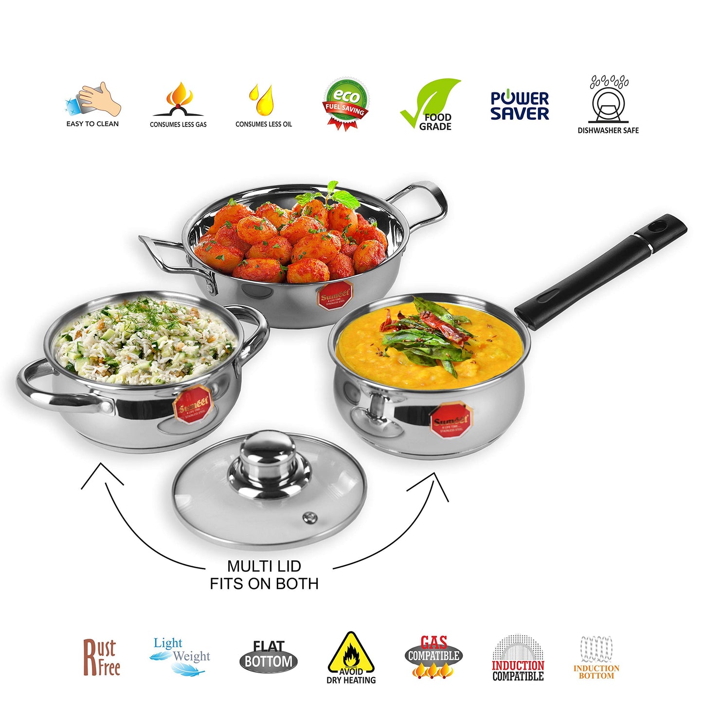 Sumeet Stainless Steel Induction and Gas stove compatible Cookware set with Encapsulated Bottom - Combo of 3 with Multi Lid Concept (Kadhai - 1.5Ltr- Saucepan with Glass Lid 1 Ltr - Casserole - 1 Ltr)