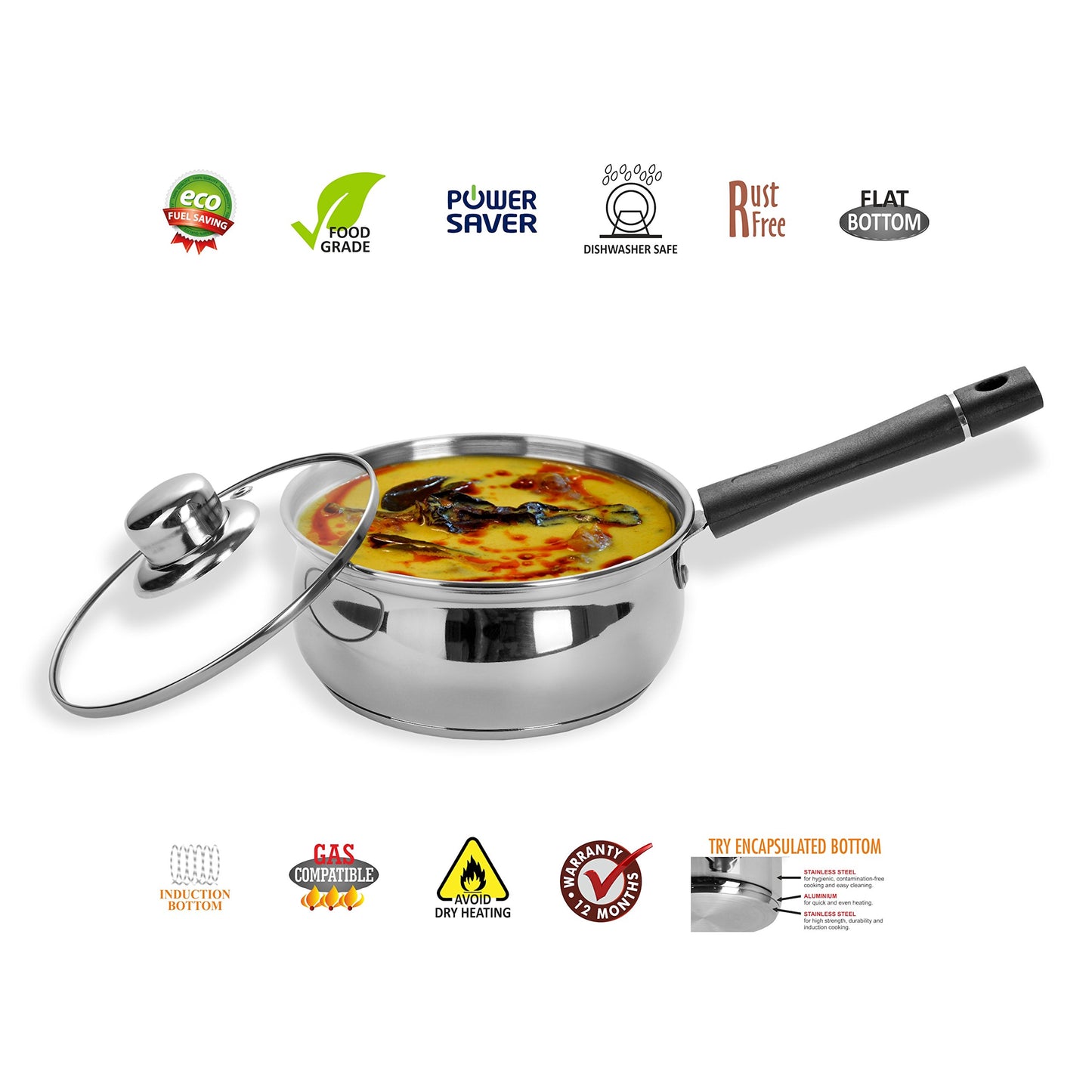 Sumeet Stainless Steel Induction Bottom (Encapsulated Bottom) Induction & Gas Stove Friendly Belly Shape Sauce Pan No. 10 (1.5 LTR) with Glass Lid